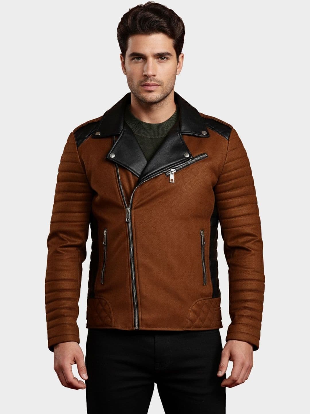 Leather Retail Men Lapel Collar Solid Lightweight Biker Jacket - view 1