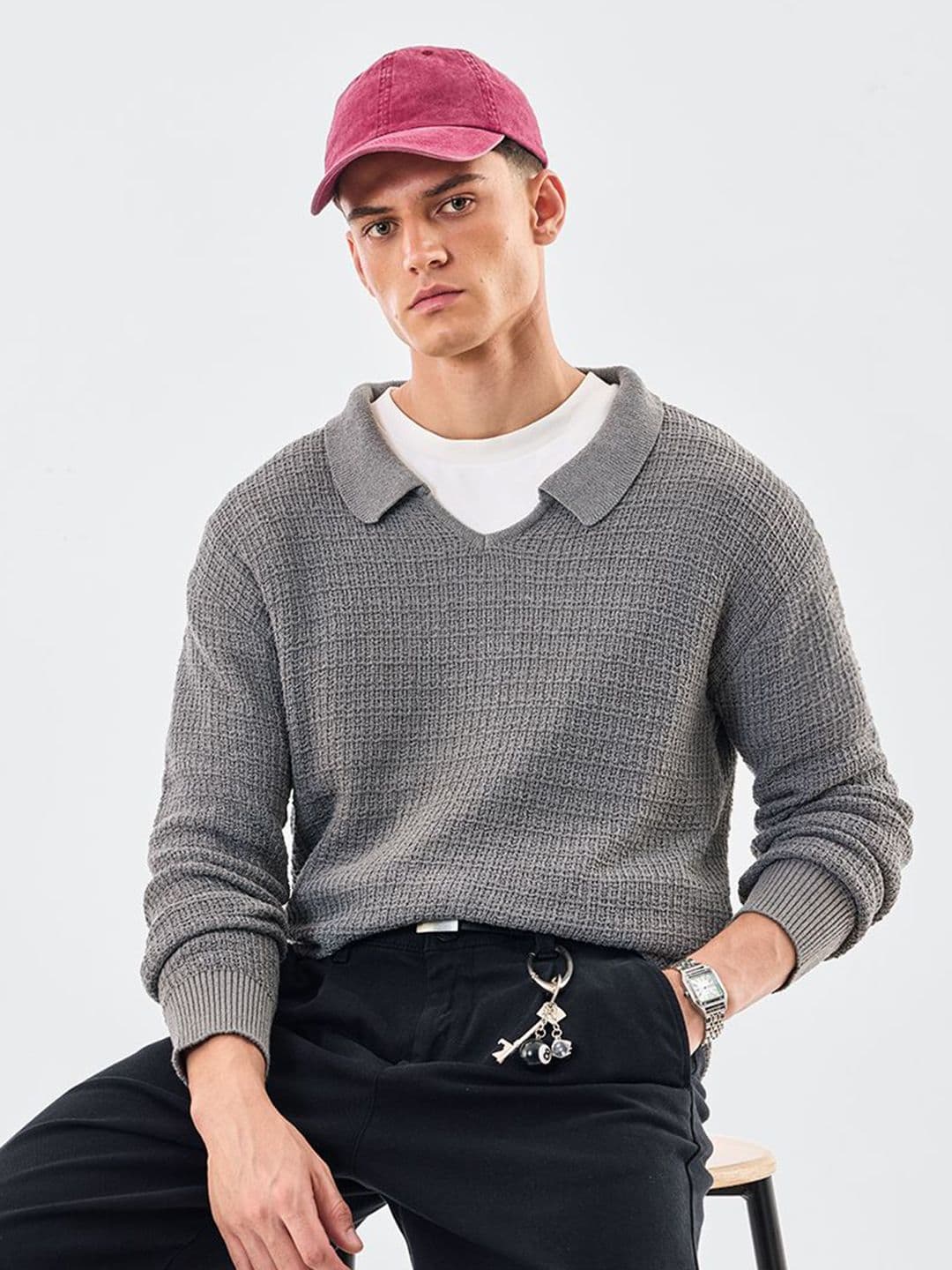 Snitch Self Design Polo Collar Drop-Shoulder Sleeves Pullover Sweater - view 1