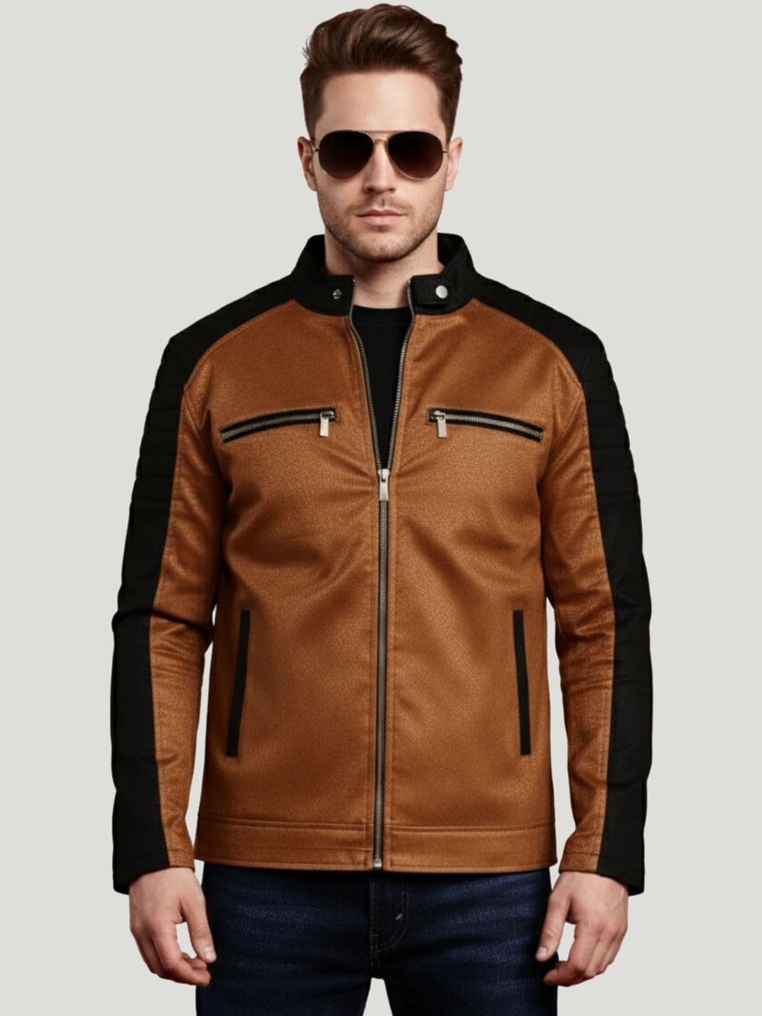 Leather Retail Men Stand Collar Solid Lightweight Biker Jacket - view 1