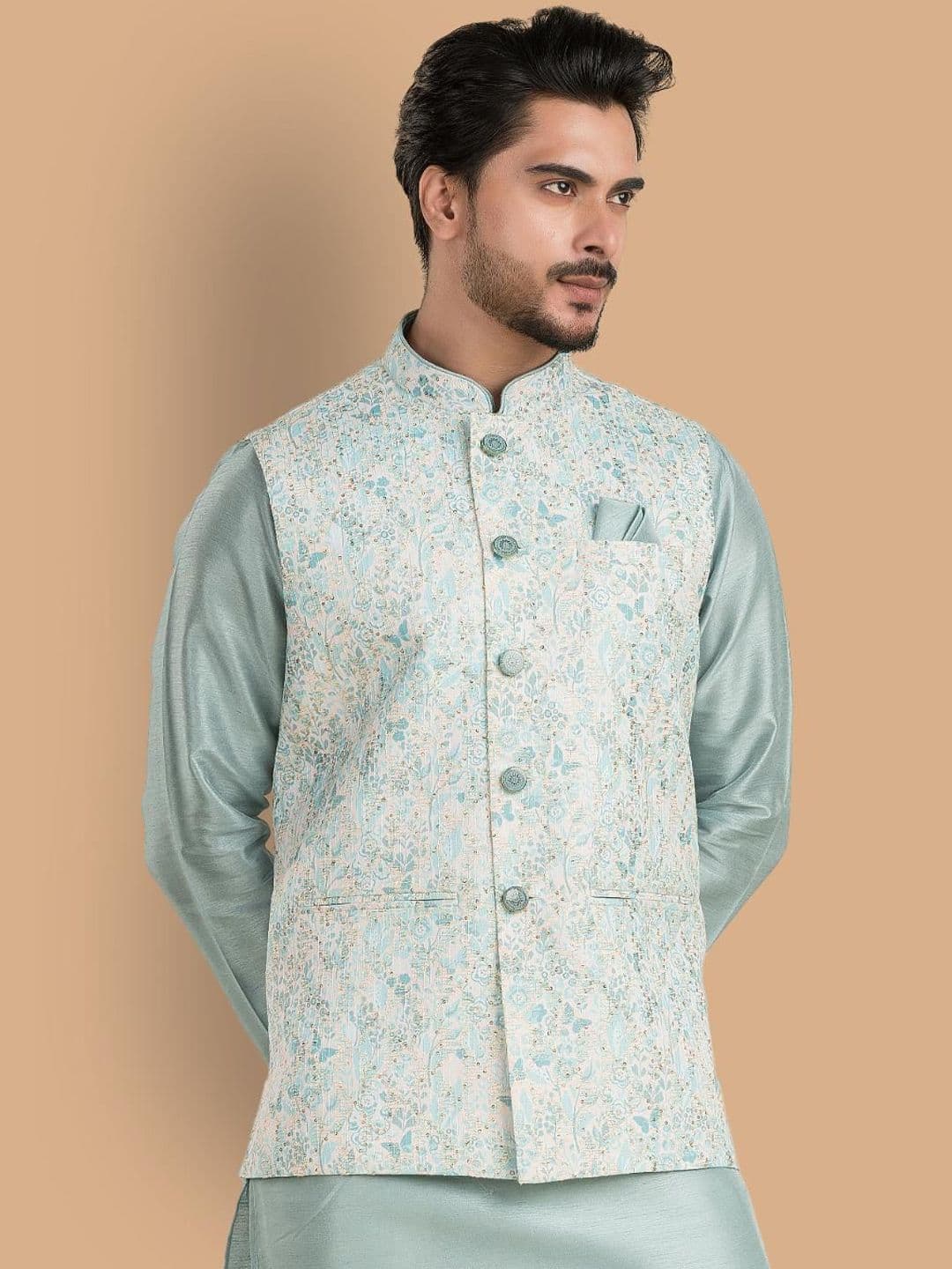 TRENDS OF ETHNIC Floral Printed Sequinned Mandarin Collar Nehru Jacket - view 1