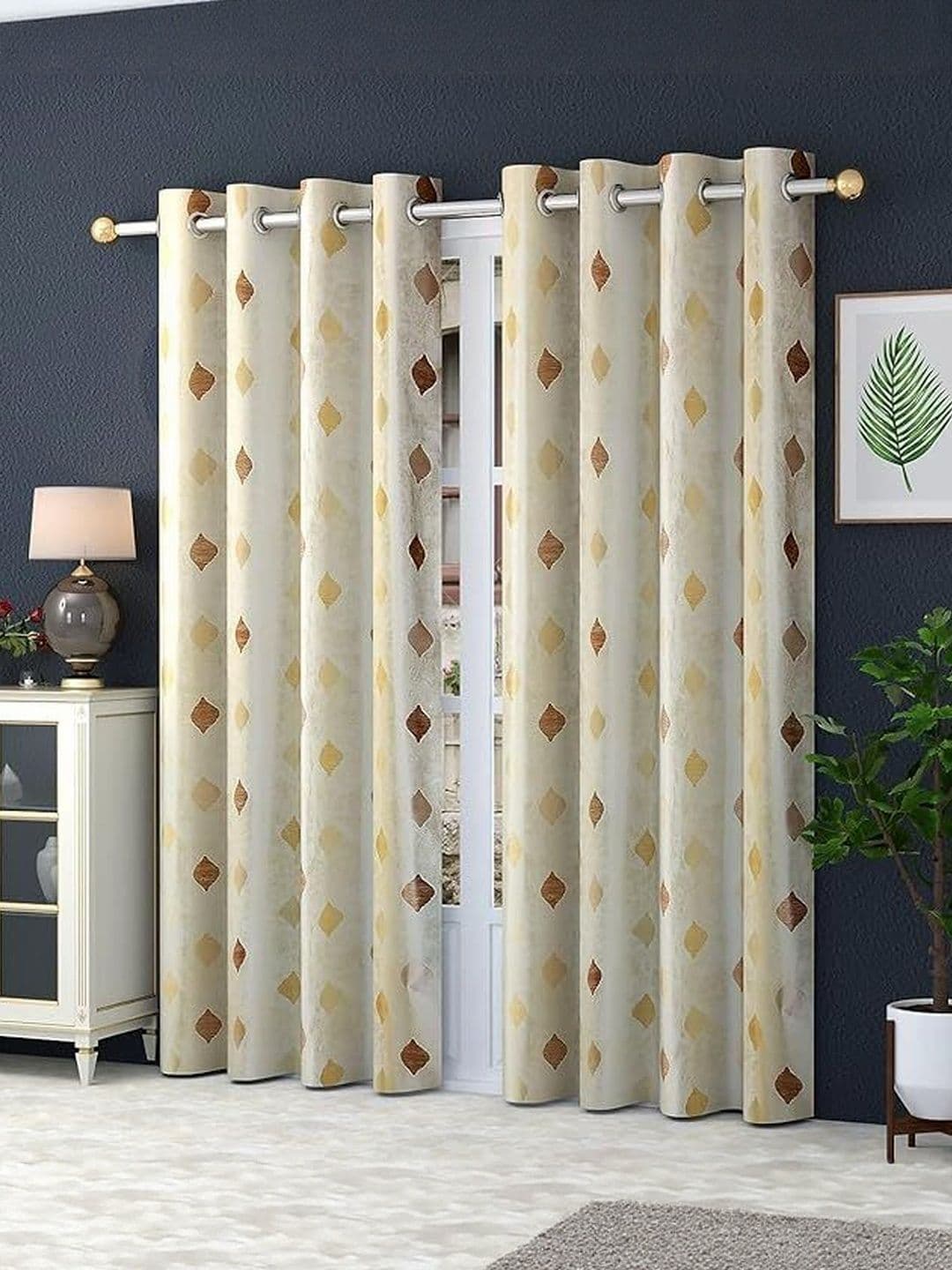 LUZDECOR Gold Toned Geometric Printed 2 Pieces Door Room Darkening Eyelet Curtains - view 1
