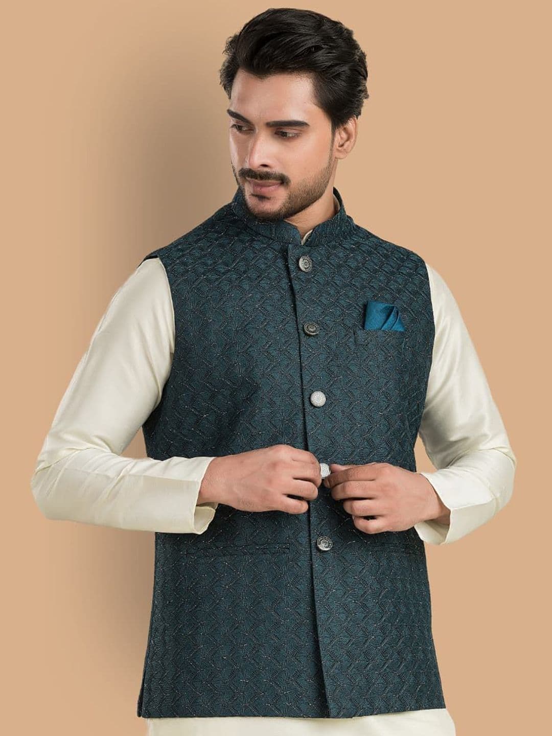 TRENDS OF ETHNIC Men Self Design Mandarin Collar Nehru Jacket - view 1
