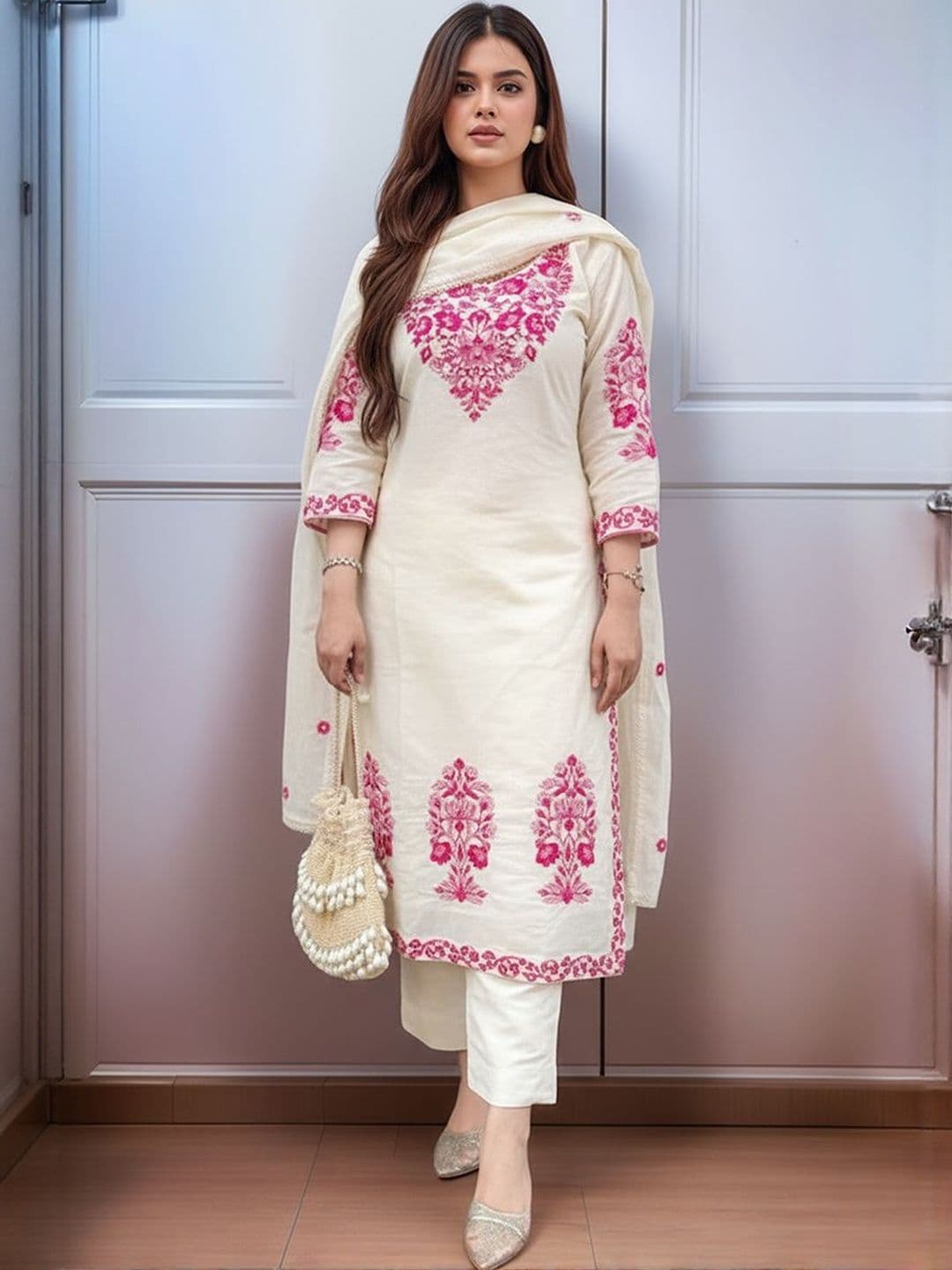 Aaghnya Women Ethnic Motifs Embroidered Regular Thread Work Kurta with Trousers & With Dupatta - view 1