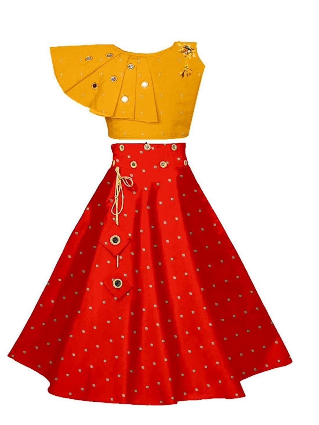 Sangria Girls Polka Dot Printed Mirror Work Round Neck Lehenga With Choli - view 1