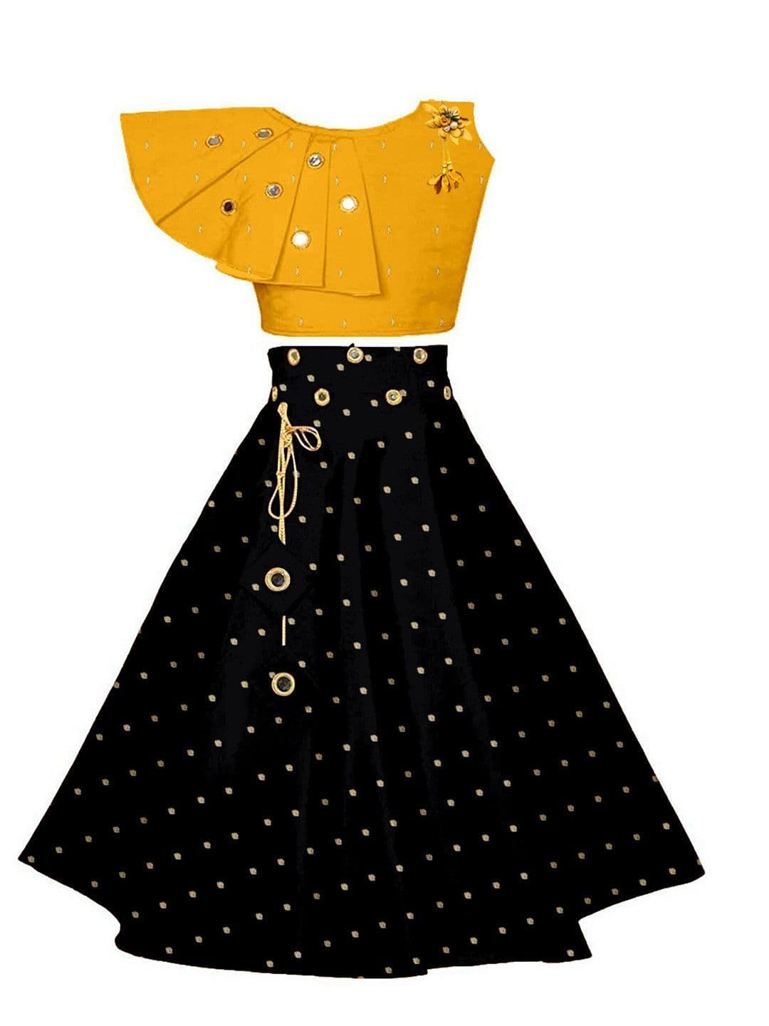 Sangria Girls Polka Dots Printed Mirror Work Round Neck Lehenga With Choli - view 1
