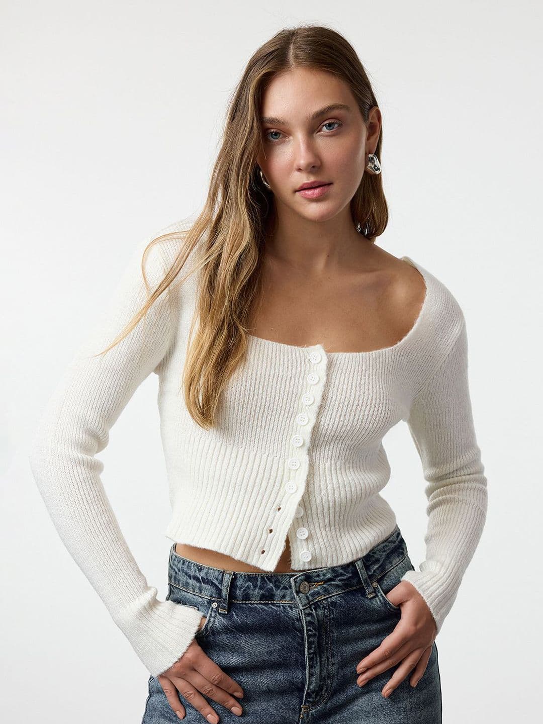 Trendyol Ekru Women Ribbed Crop Cardigan Sweater - view 1