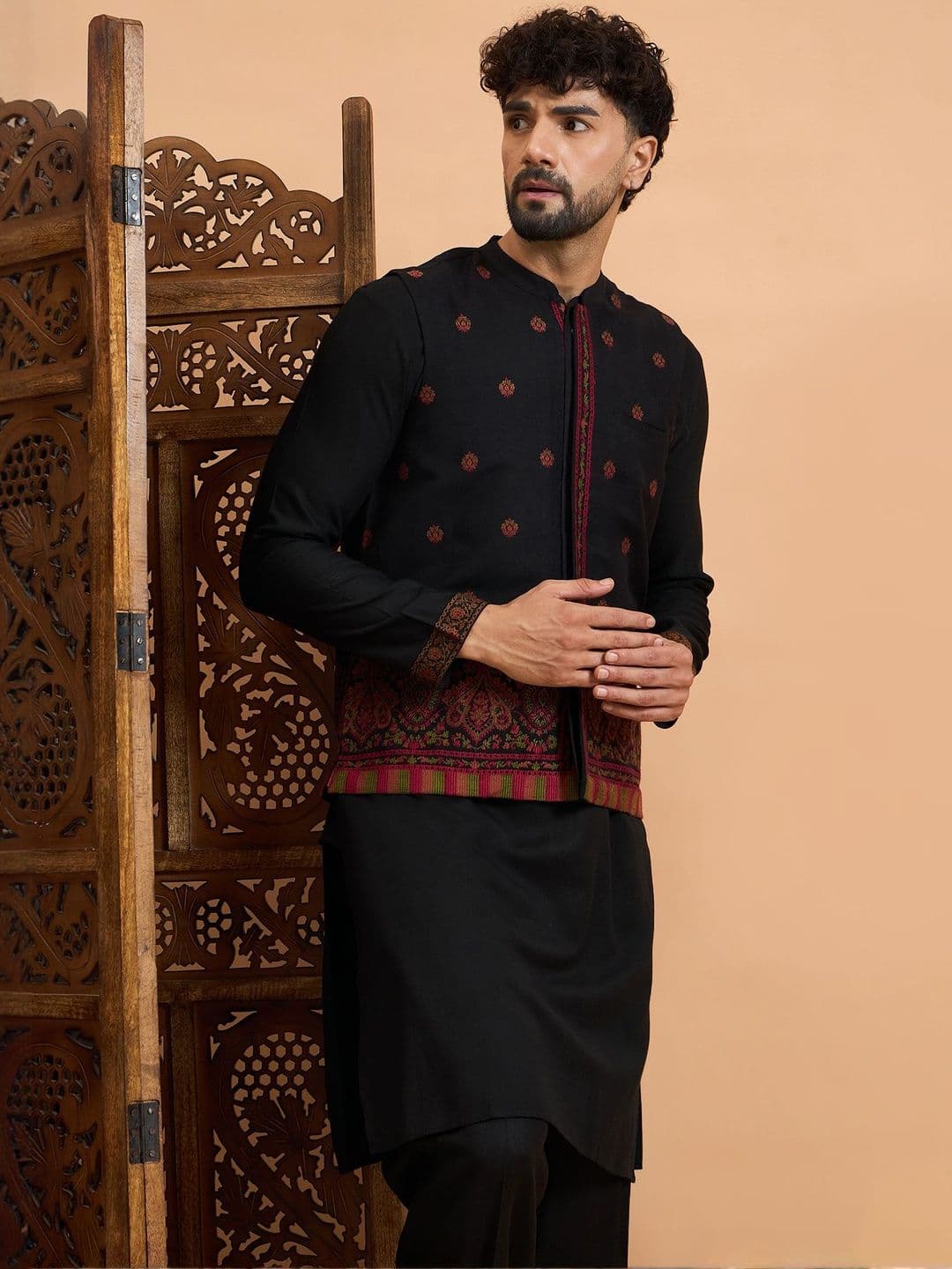 House of Pataudi Winter Pashmina Men Woven Design Winter Nehru Jacket - view 1