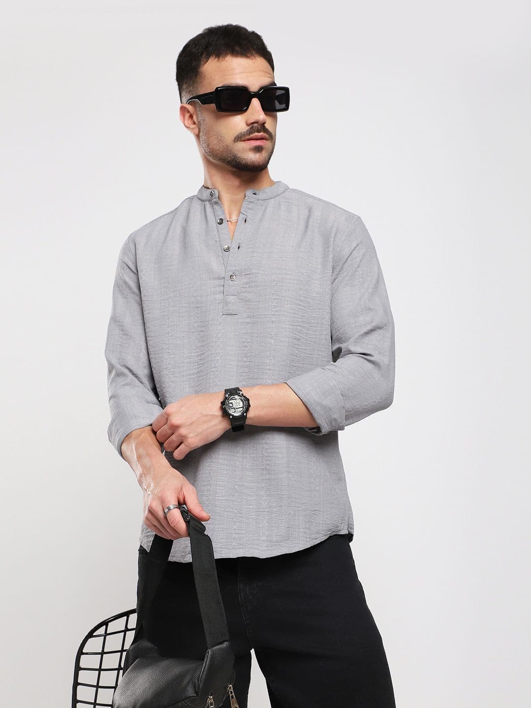 VASTRADO Men Grey Striped Refined Jacquard Thread Work Kurta - view 1