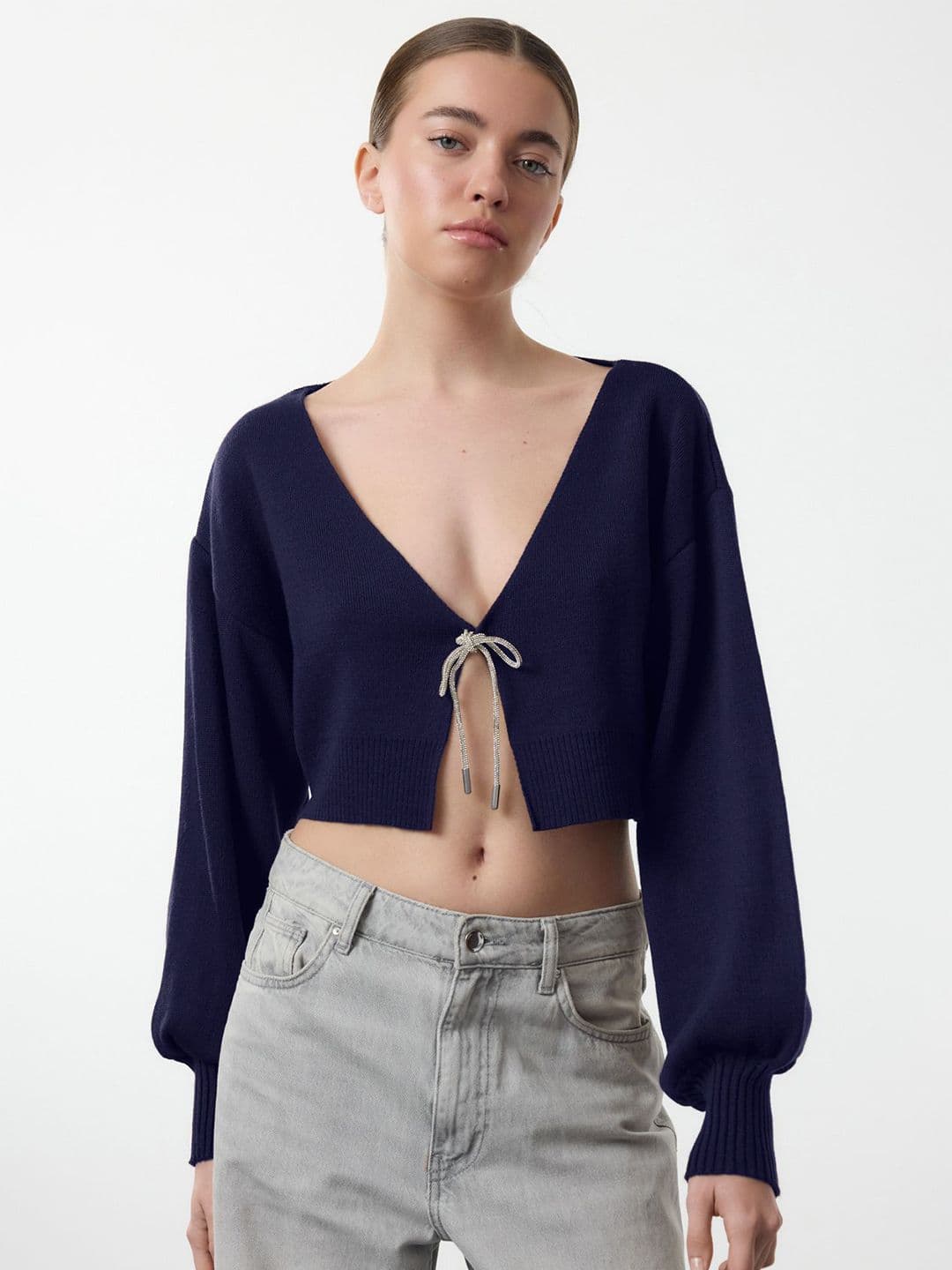 Trendyol Women Lacivert Crop Cardigan with Embellished Detail - view 1
