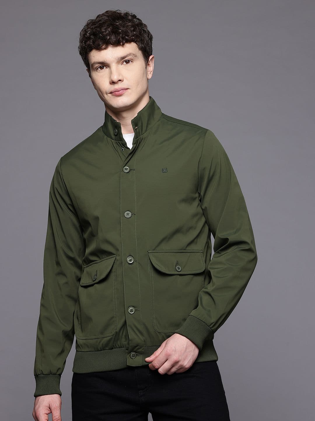 Allen Solly Mock Collar Bomber Jacket with Utility Pockets - view 1
