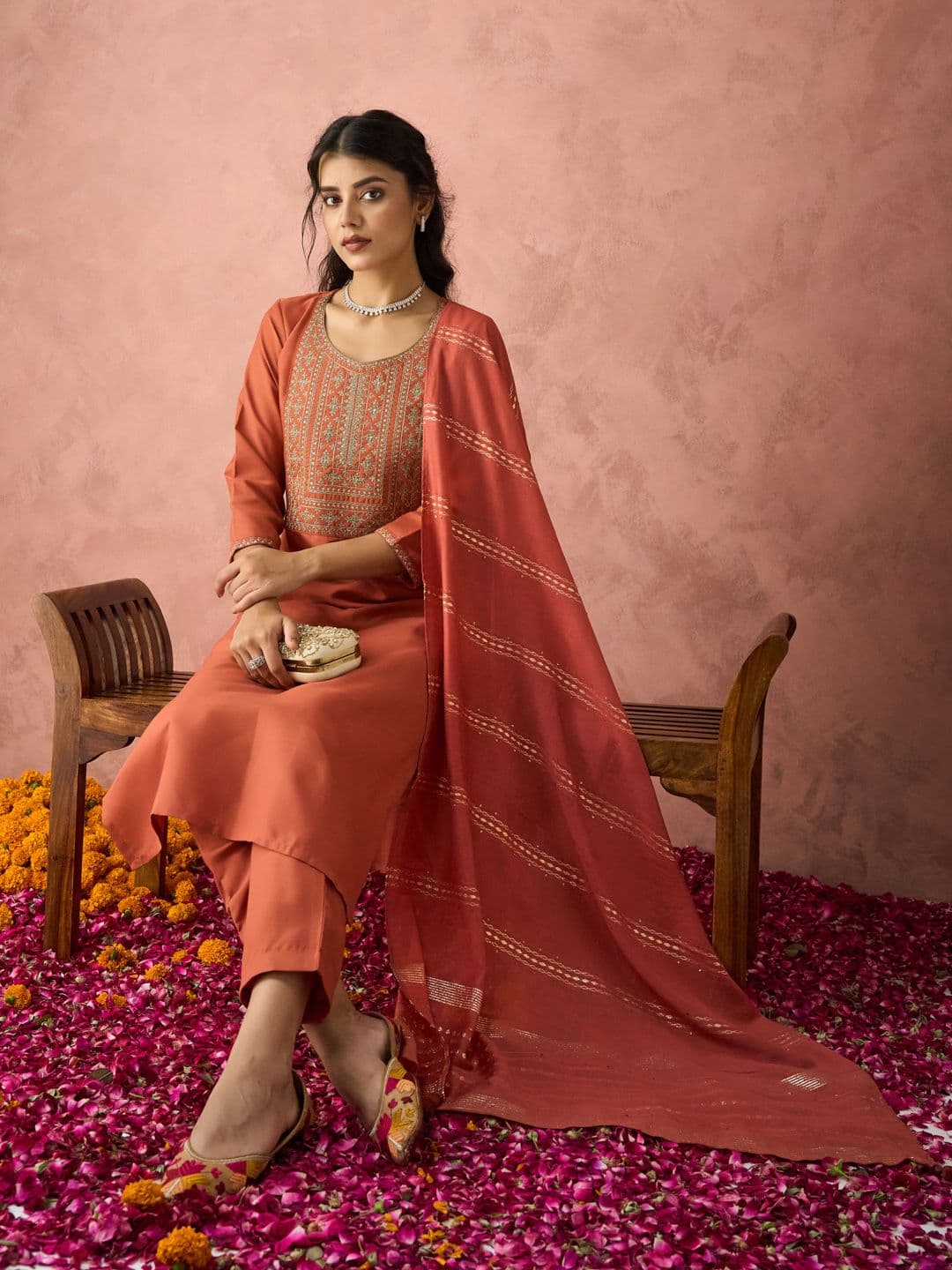 KALINI Ethnic Motifs Yoke Design Sequinned Kurta with Trousers & Dupatta - view 1