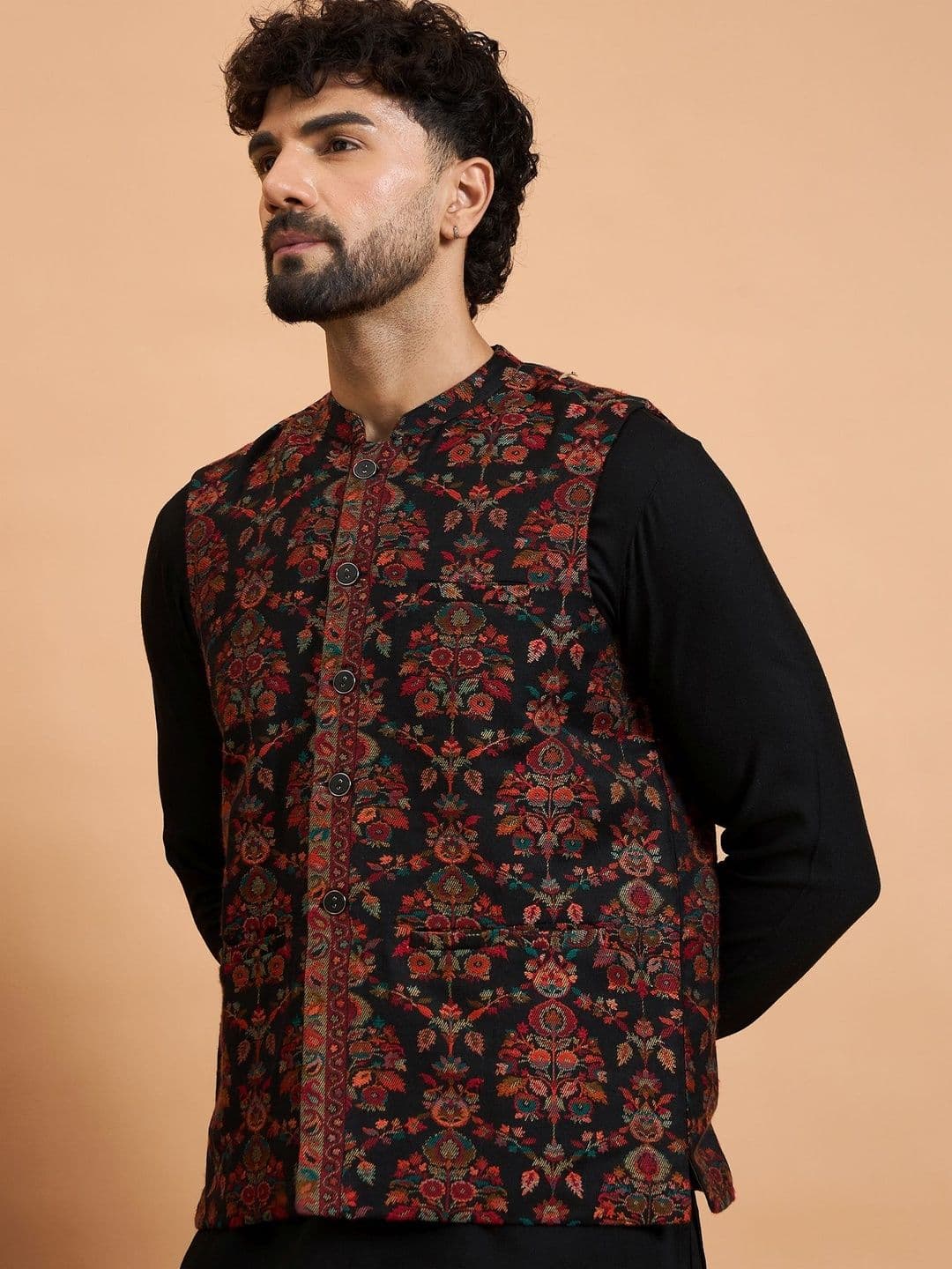House of Pataudi Winter Pashmina Woven Design Nehru Jacket - view 1