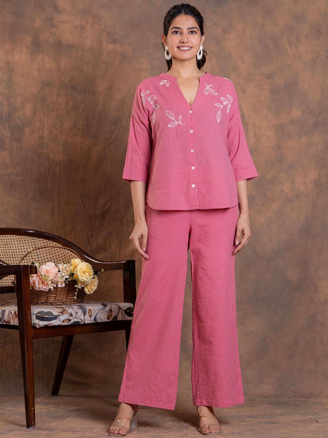 Sencei Embroidered Pure Cotton Shirt With Trousers - view 1