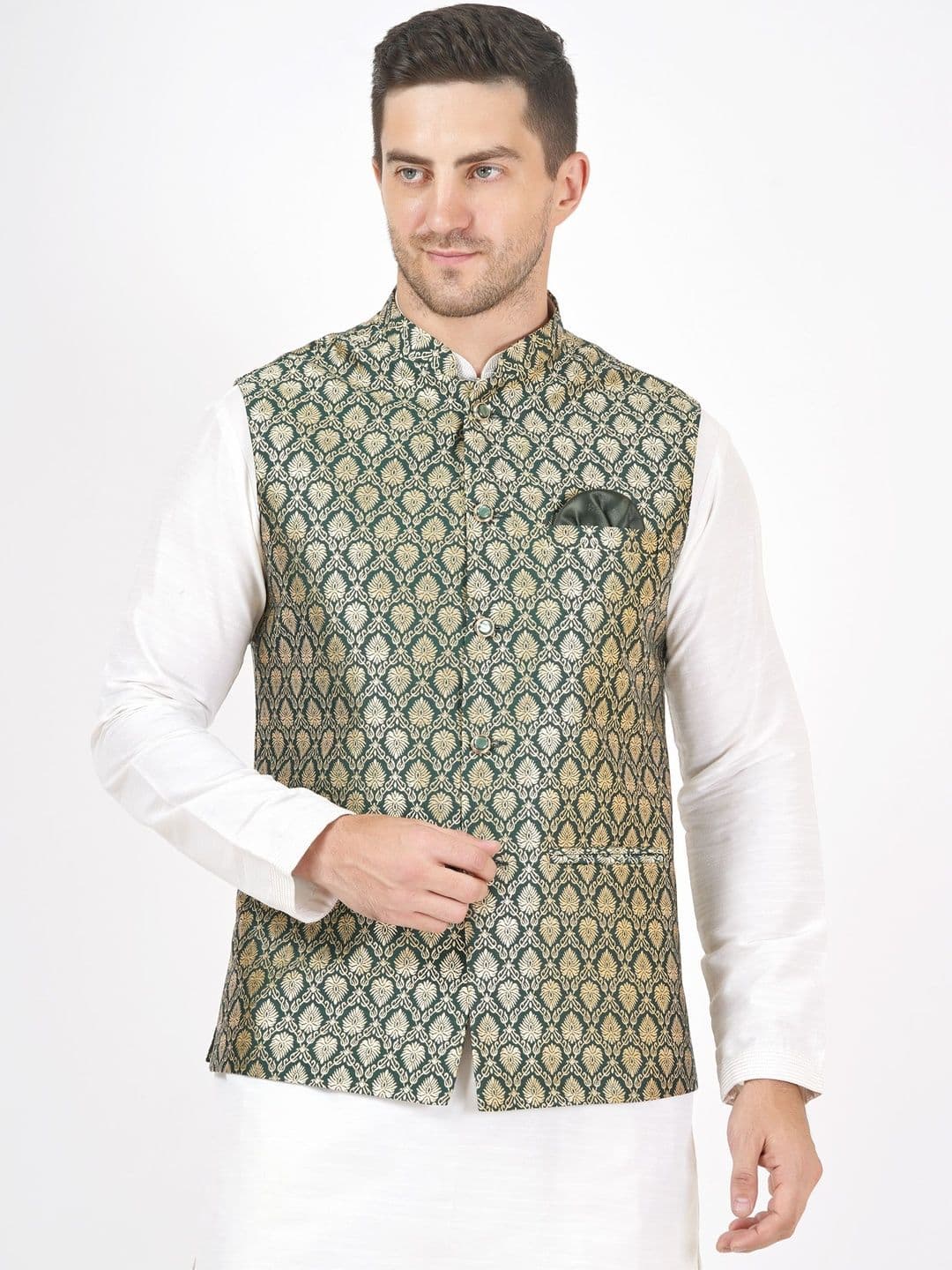 Badoliya & Sons Men Woven-Design Golden Zari Jacquard Nehru Jacket - view 1