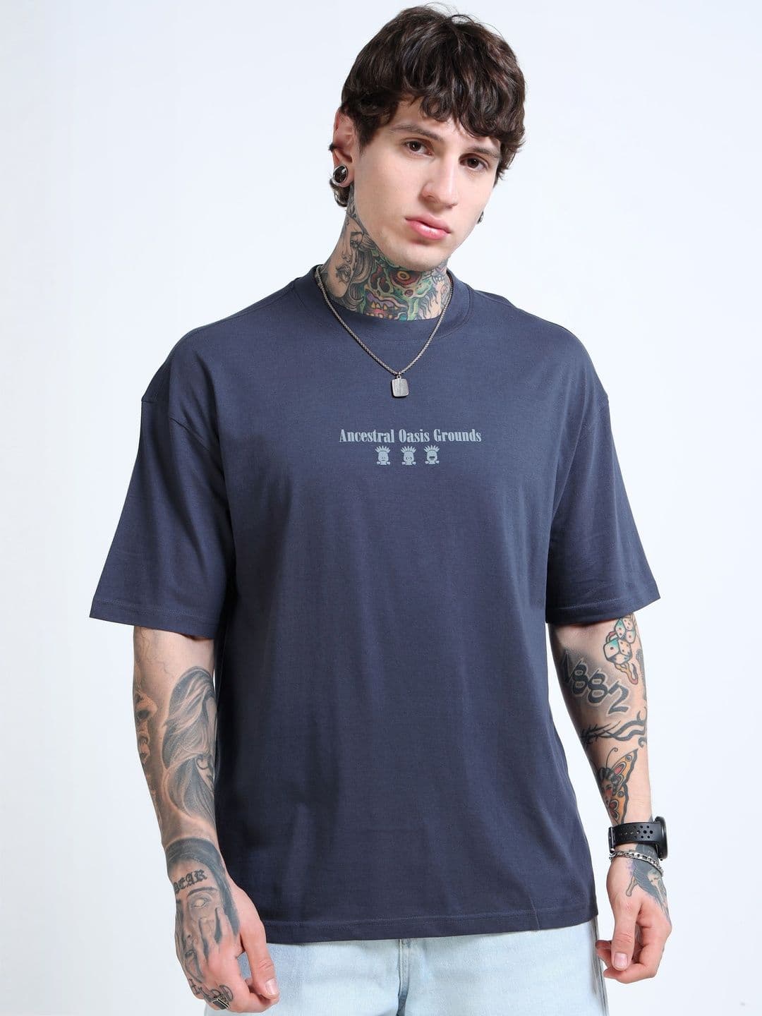 FROSEN FOX Oversized Printed Cotton Round Neck Drop-Shoulder Sleeves T-shirt - view 1