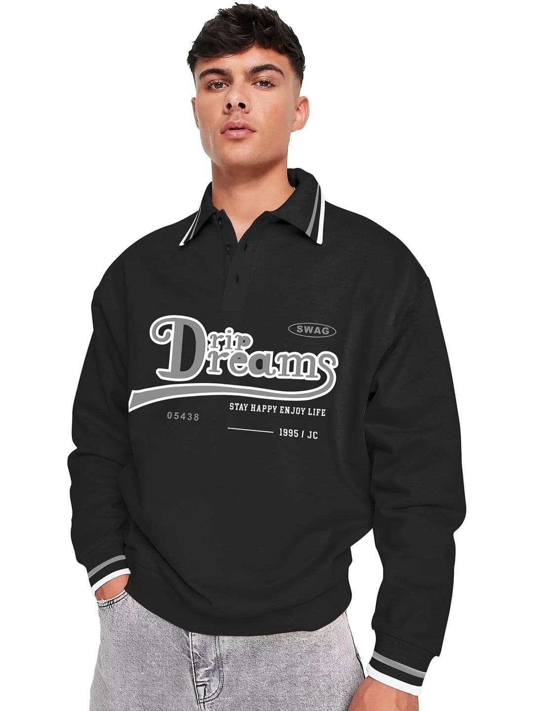 JUMPCUTS Men Typography Printed Polo Collar Cotton Oversized T-shirt - view 1