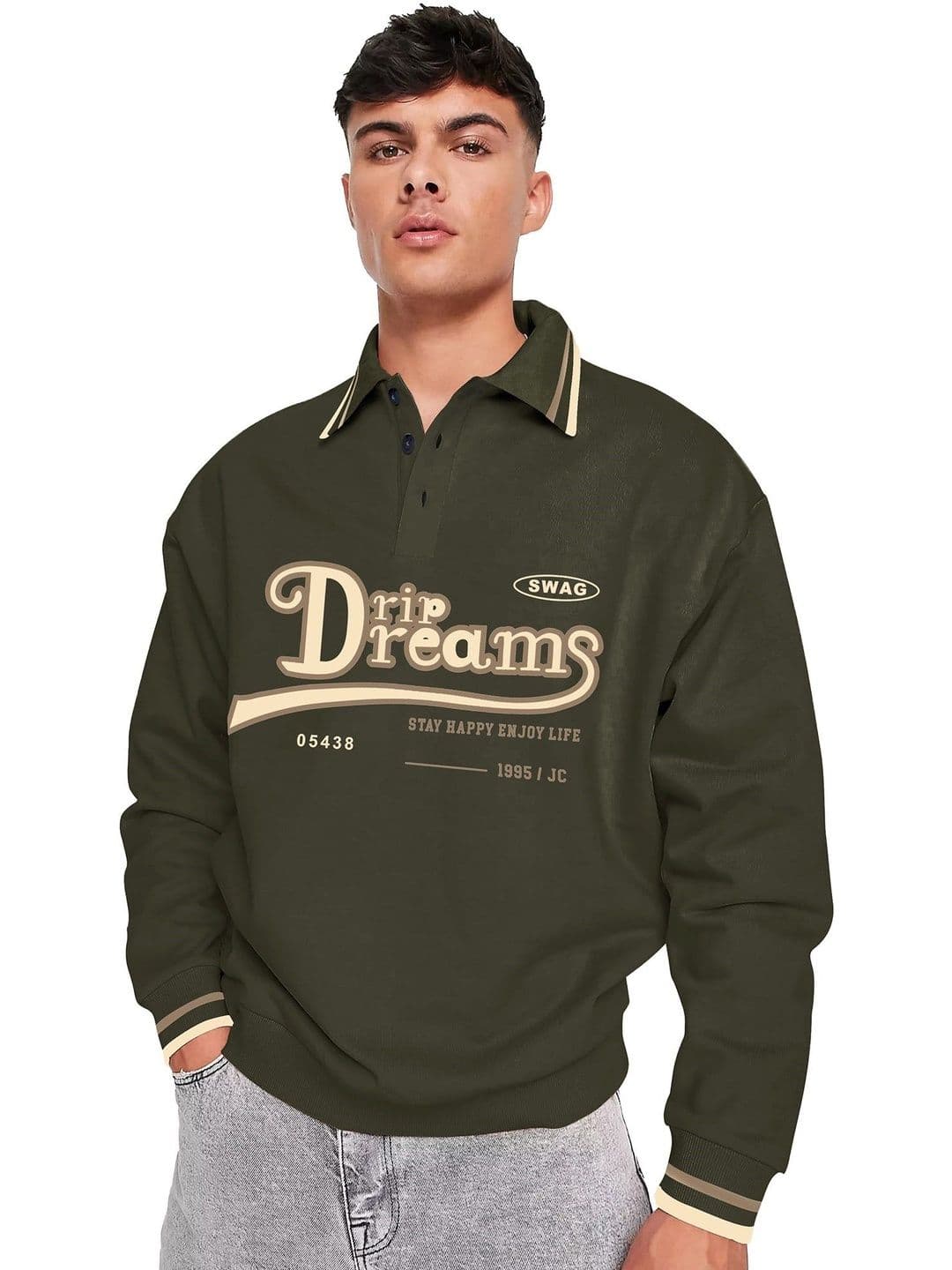JUMPCUTS Men Typography Printed Polo Collar Cotton Oversized T-shirt - view 1