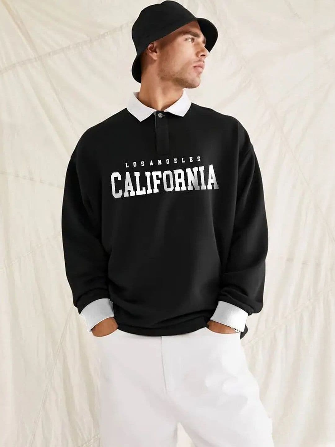 JUMPCUTS Typography Printed Polo Collar Cotton Relaxed Fit T-shirt - view 1