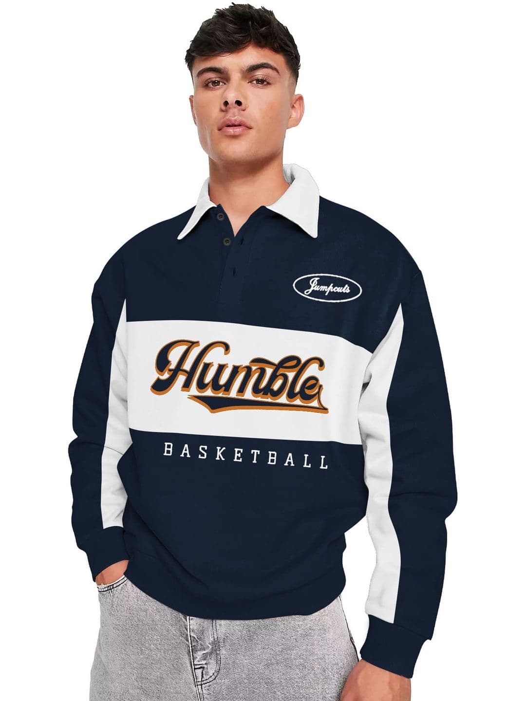 JUMPCUTS Typography Printed Polo Collar Pullover Navy Sweatshirt - view 1