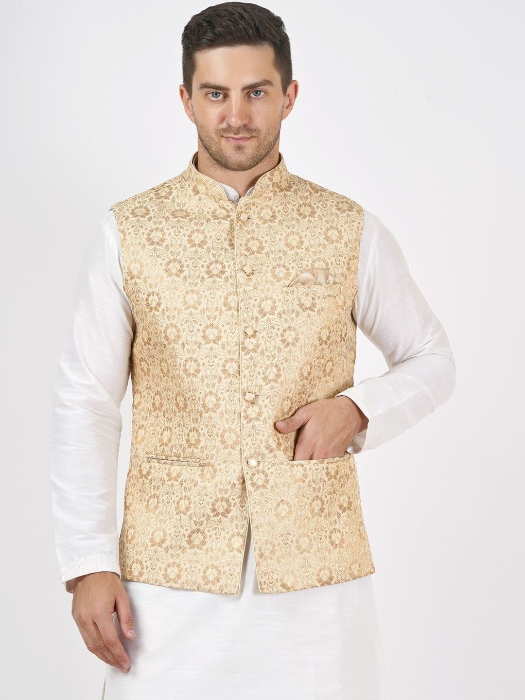 Badoliya & Sons Men Woven-Design Golden Zari Jacquard Nehru Jacket - view 1