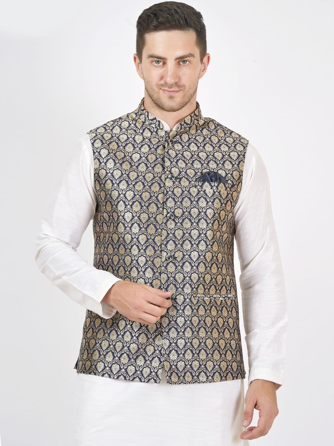 Badoliya & Sons Woven Design Mandarin Collar Sleeveless Zari Nehru Jacket - view 1