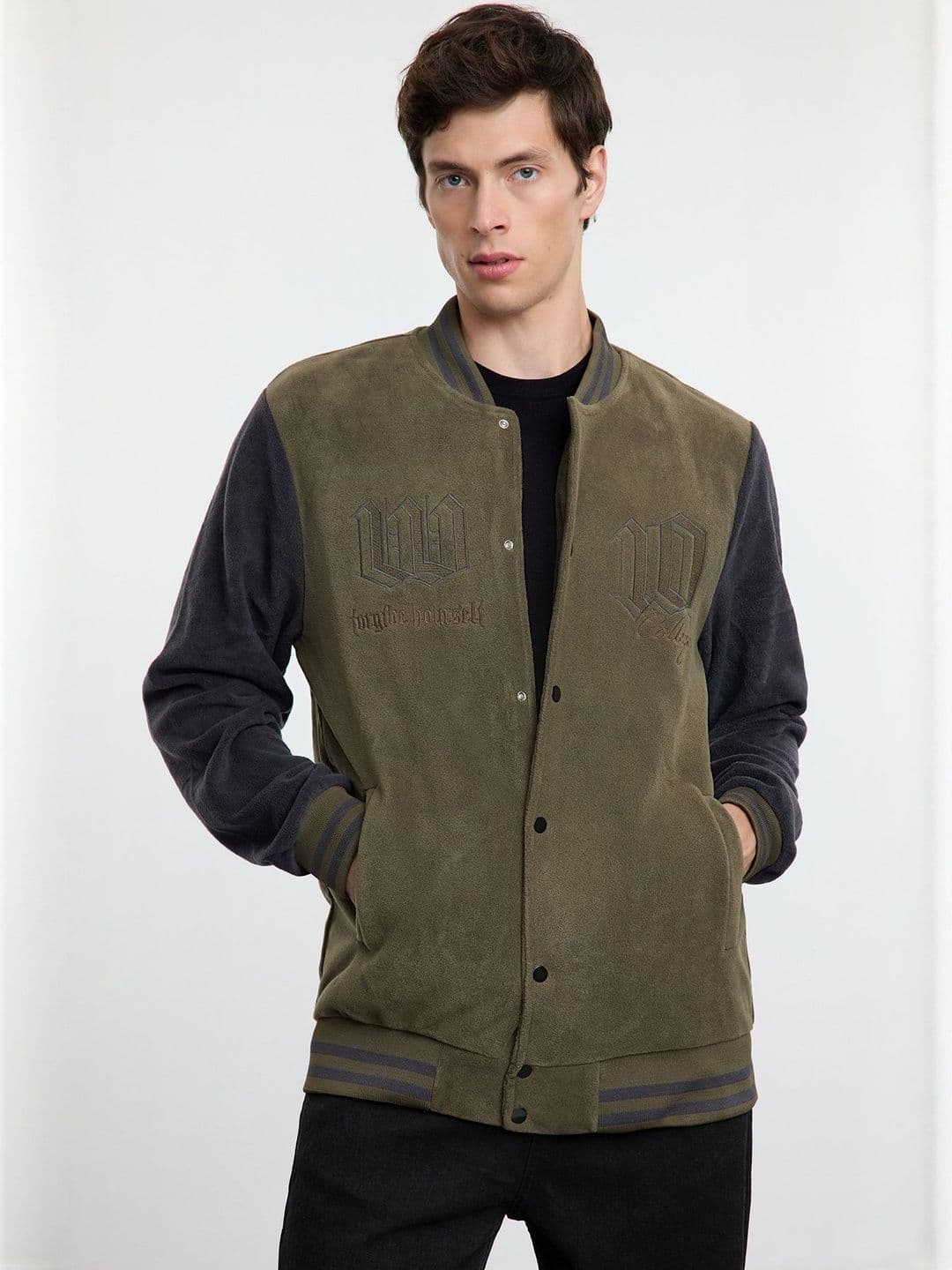 Trendyol Colourblocked Stand Collar Lightweight Varsity Jacket With Embroidered - view 1