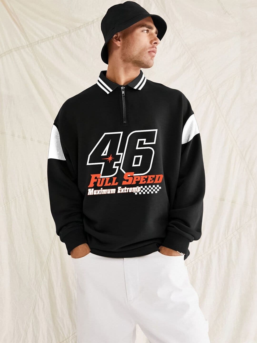 JUMPCUTS Oversized Typography Printed Polo Collar Long Sleeves T-Shirt - view 1