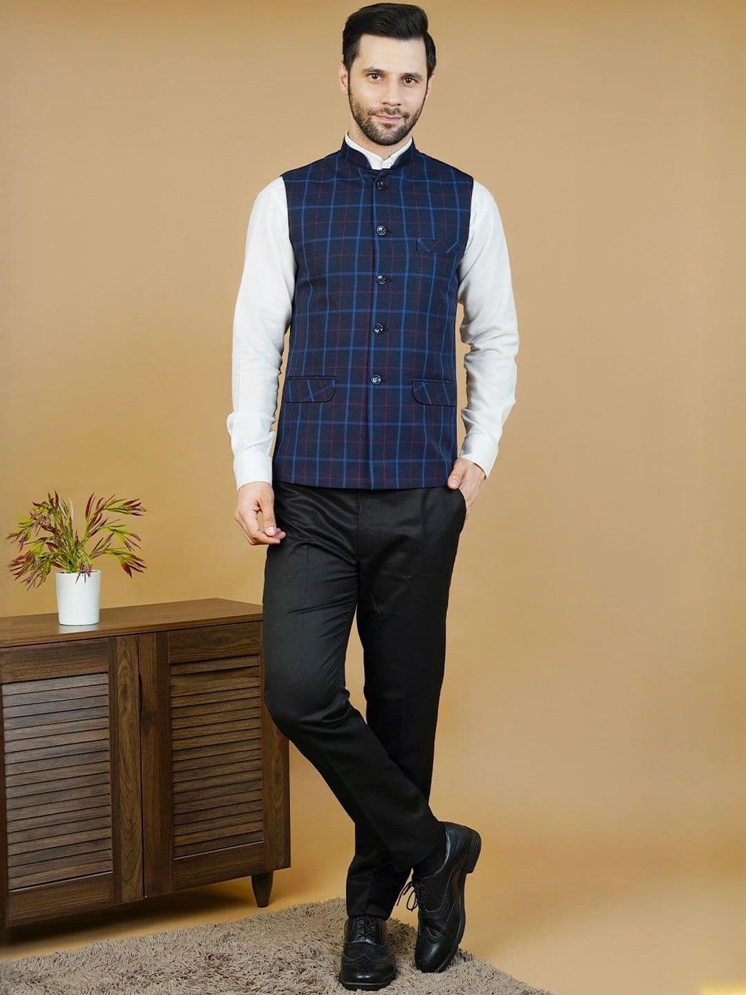 Wintage Checked Sleeveless Nehru Jackets - view 1