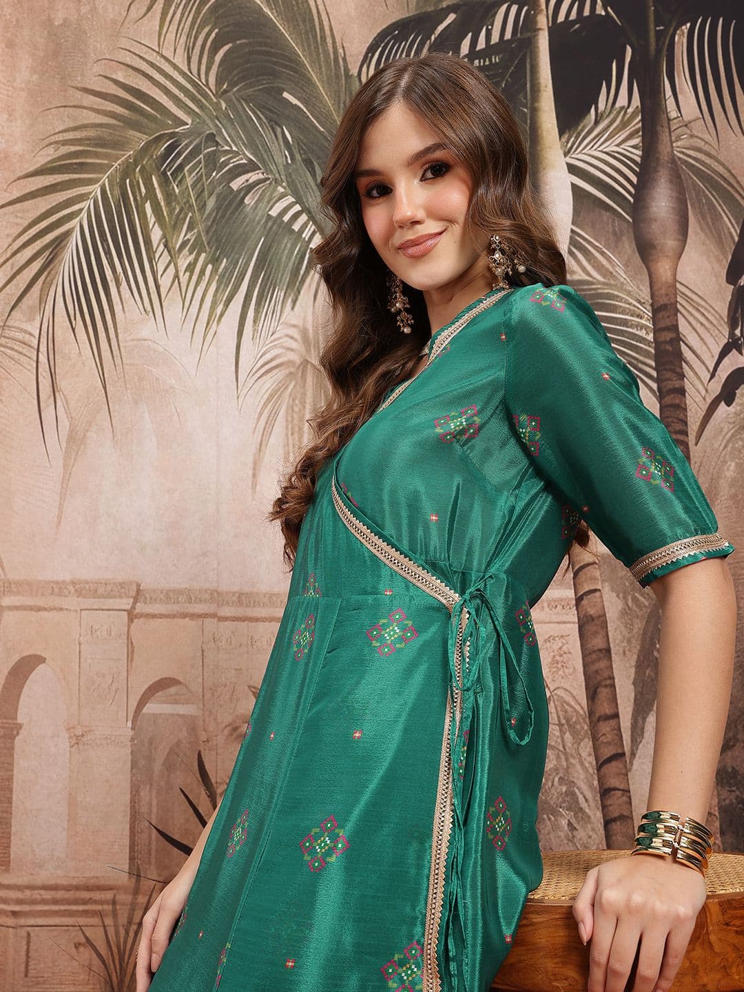 Sangria Floral Geometric Print Wrap Shape Ethnic Dress - view 1