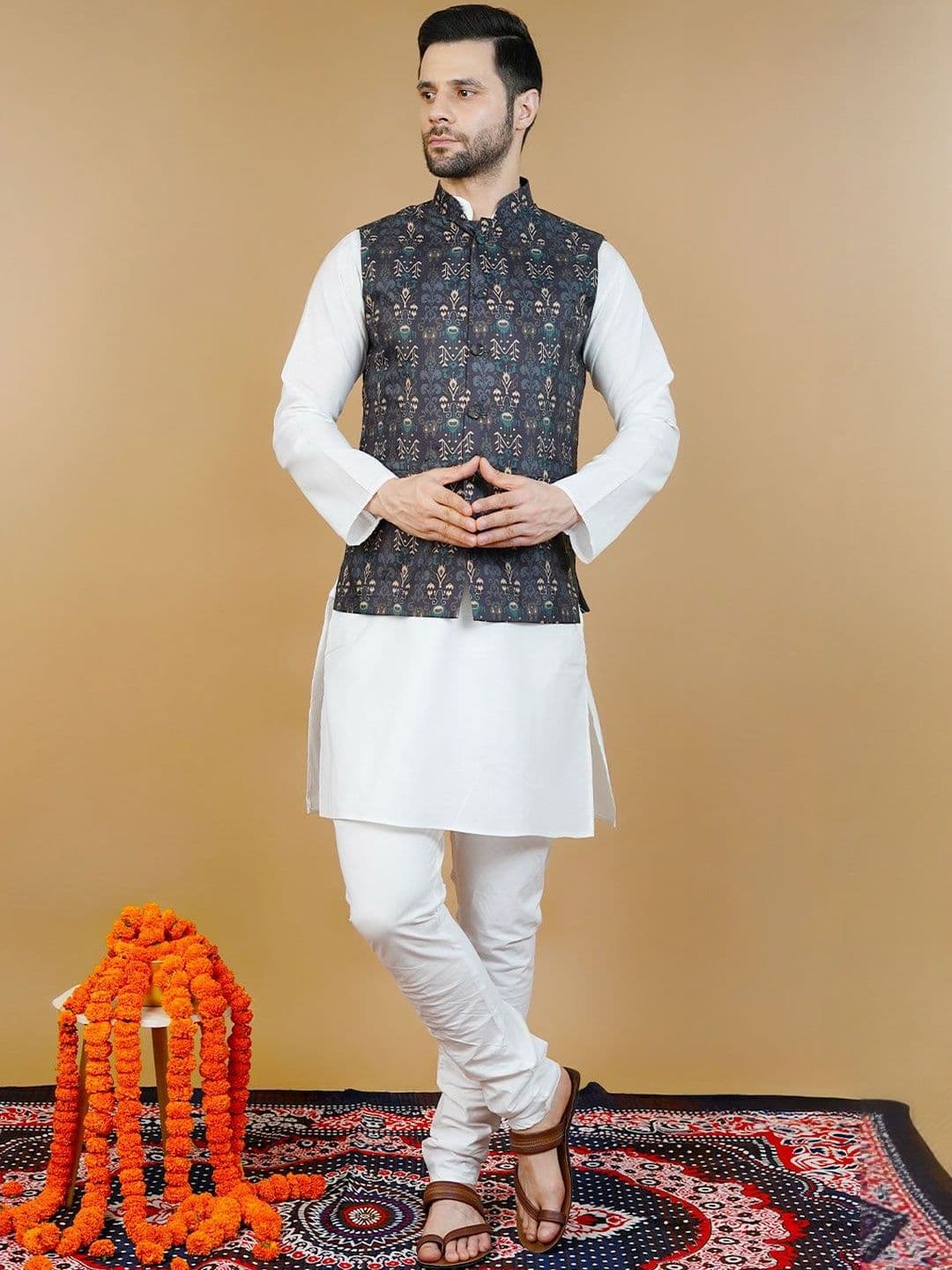 Wintage Printed Sleeveless Nehru Jackets - view 1