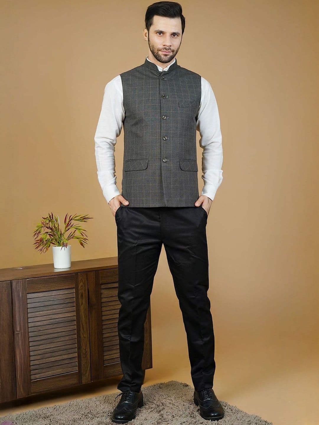 Wintage Men Checked Sleeveless Terry Wool Nehru Jackets - view 1
