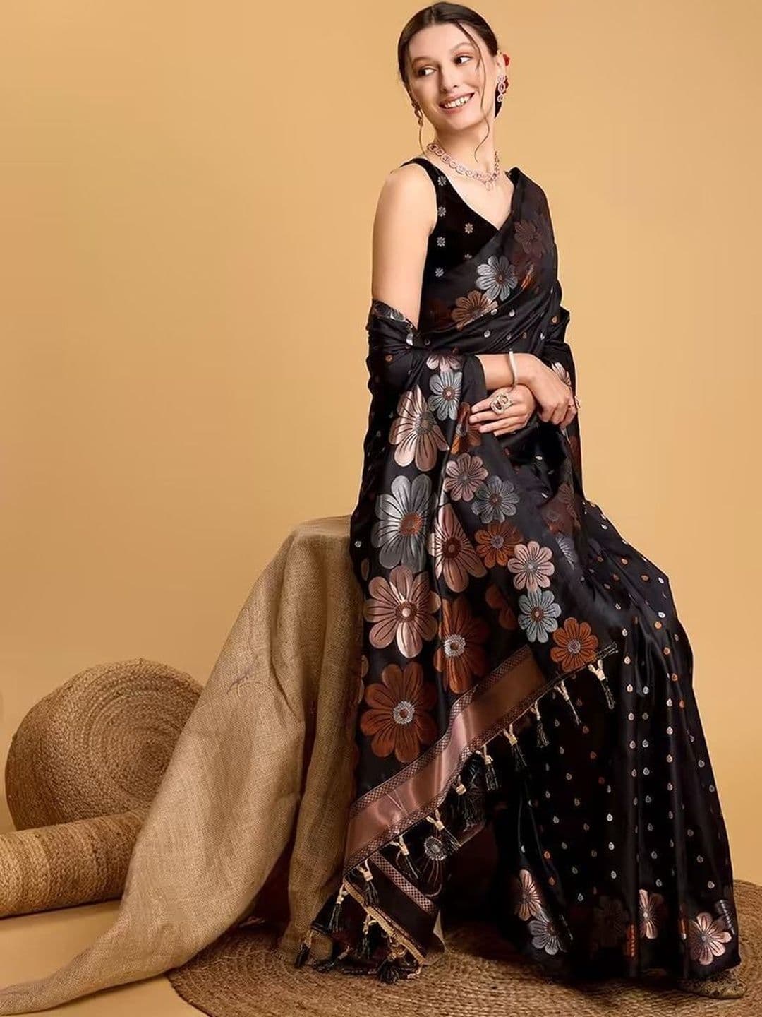 GHAN SALS Floral Zari Organza Baluchari Saree with Blouse Piece - view 1