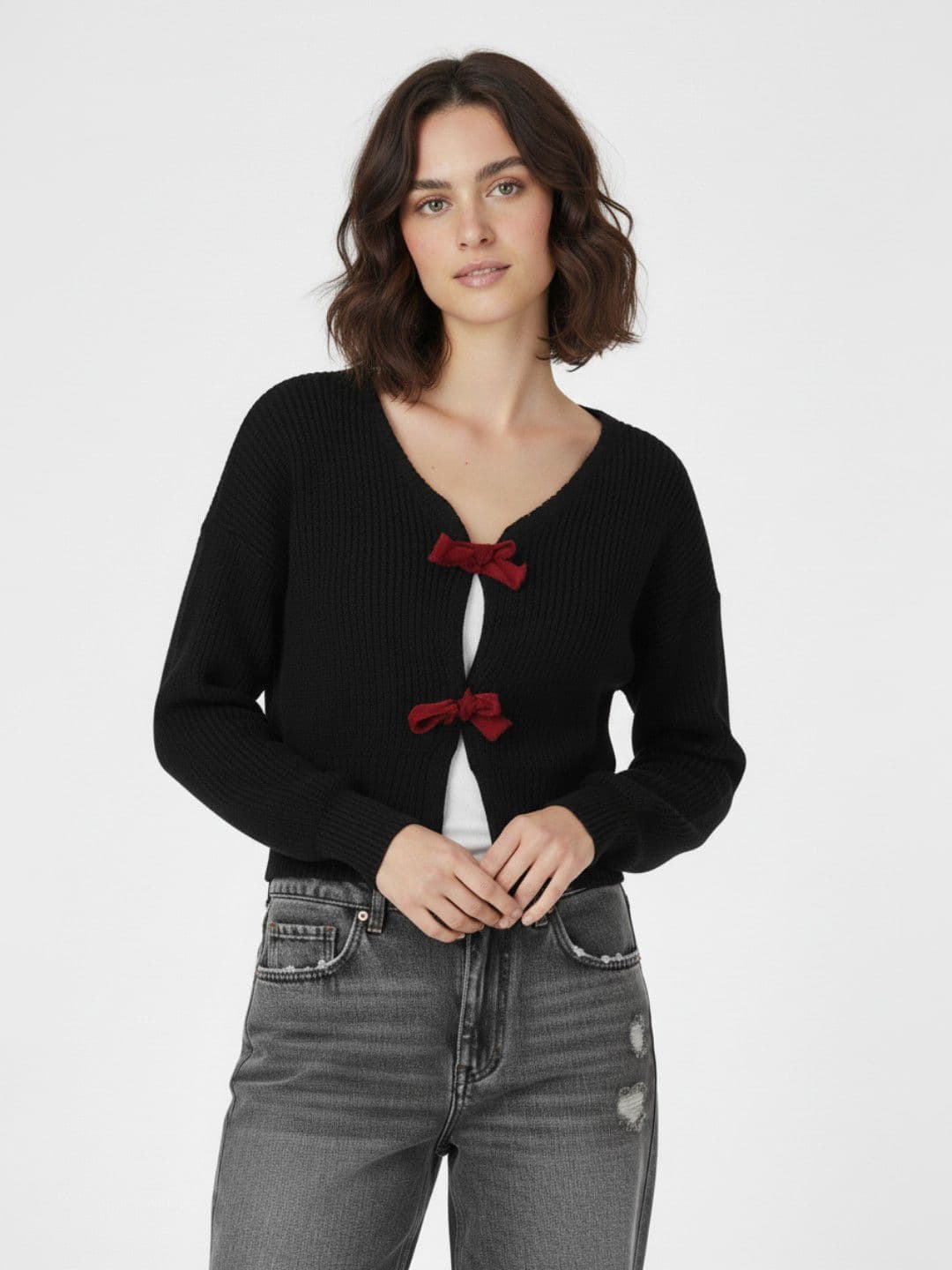 glitchez V-Neck Crop Cardigan with Tie-Up Detail - view 1