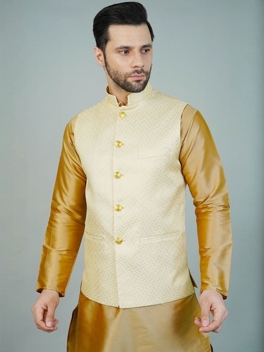 Wintage Men Woven-Design Sleeveless Banarasi Rayon Nehru Jacket - view 1