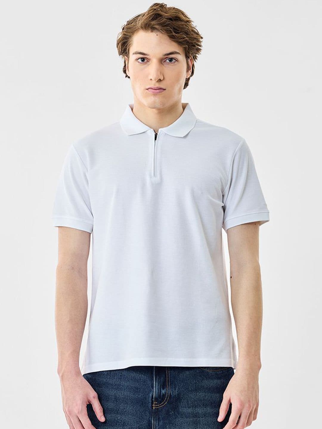 Snitch Men Polo Collar Drop-Shoulder Sleeves White Solid T-Shirt - view 1