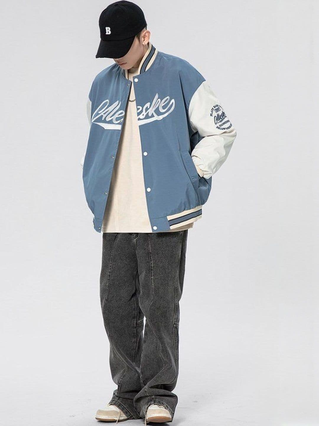 HERE&NOW Men Typography Printed Stand Collar Long Sleeve Varsity Jacket with Patchwork - view 1