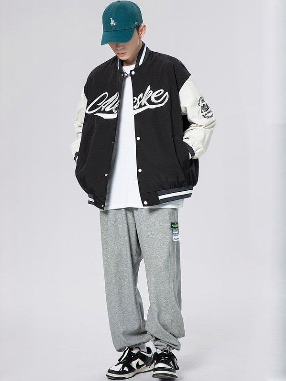 HERE&NOW Men Typography Printed Stand Collar Long Sleeve Varsity Jacket with Patchwork - view 1