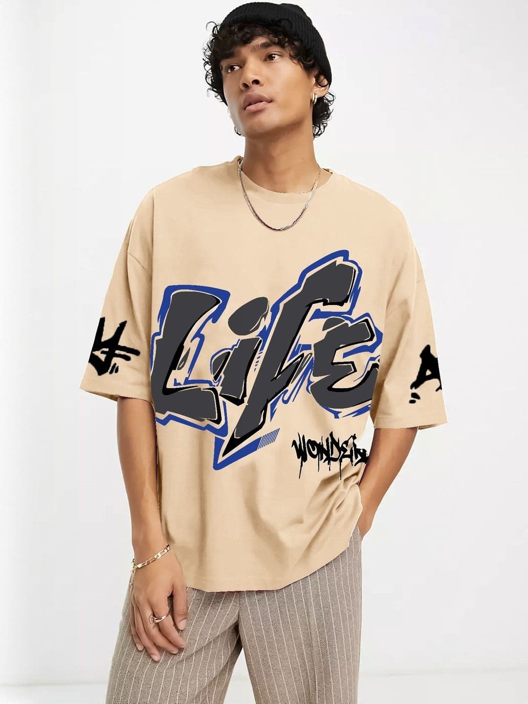 JUMPCUTS Typography Printed Round Neck Drop Shoulder Sleeves Oversized T-shirt - view 1