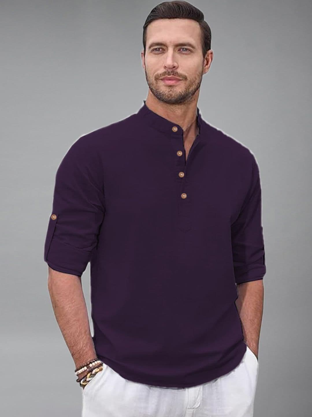 KNOWTED Mandarin Collar Roll-Up Sleeves Cotton Straight Short Kurta - view 1