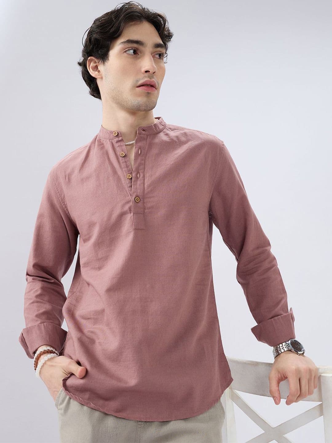 VASTRADO Band Collar Long Roll-Up Sleeves Everyday Linen Straight Kurta - view 1