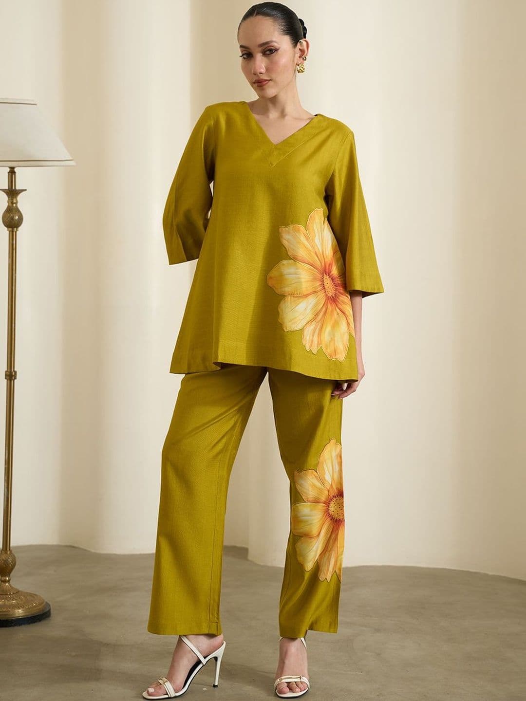 Bannos Swagger Floral Patch Work V-Neck Three-Quarter Sleeves Tunic With Trouser - view 1