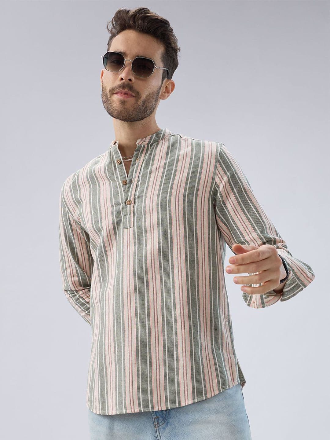 VASTRADO Refined Retro Striped Cotton A-Line Above Knee Kurta - view 1