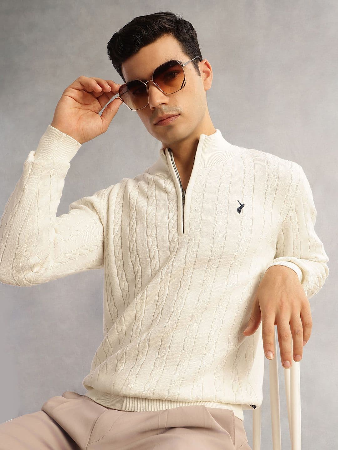 Thomas Scott Men Pure Cotton Embroidered Cable Knit Pullover Sweaters - view 1