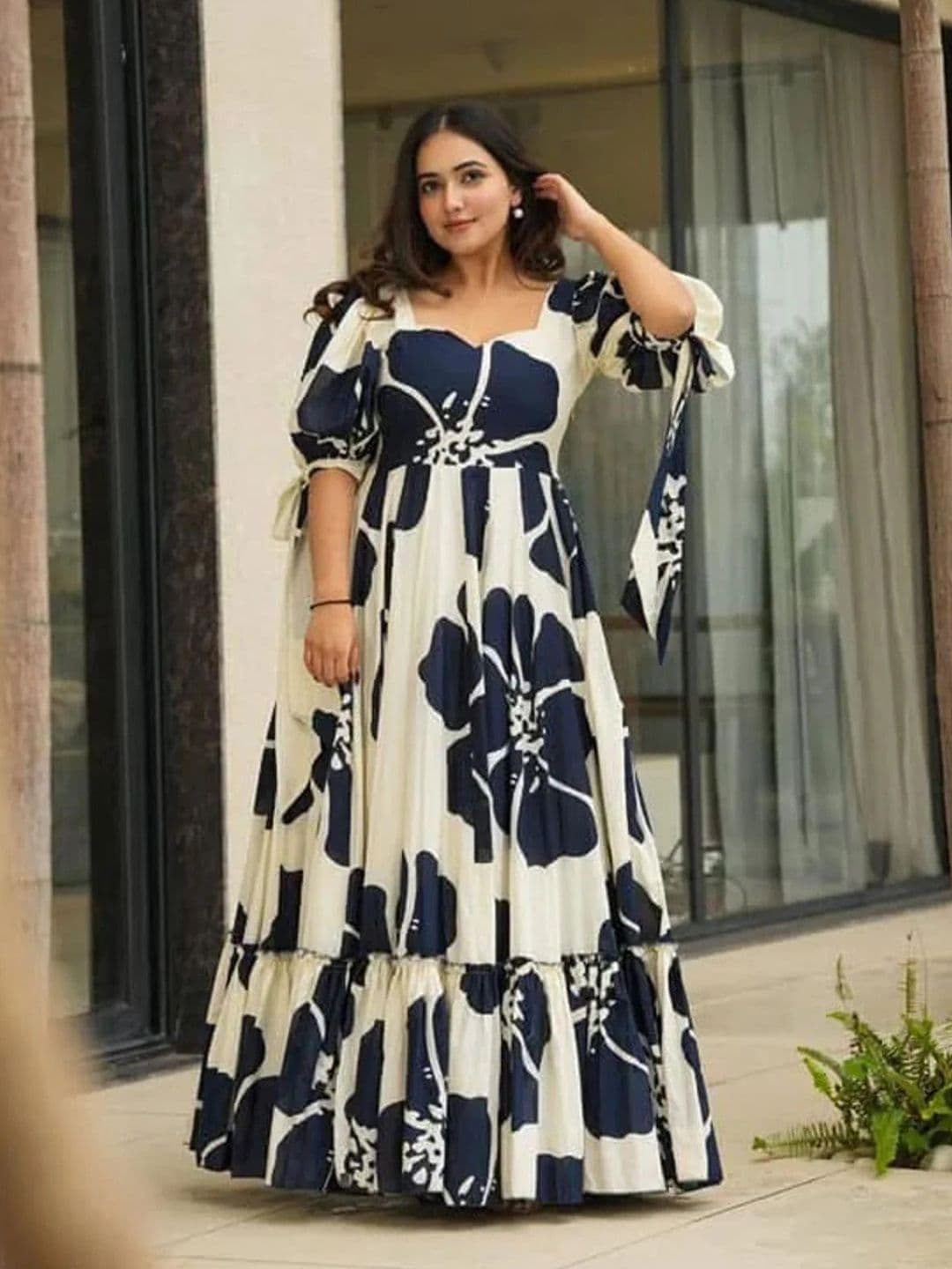 De La Moda Women Floral Print Puff Sleeve Crepe Maxi Dress - view 1