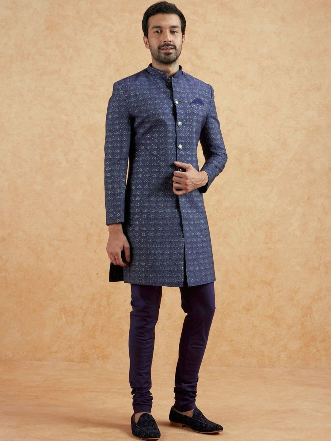 KISAH Men Woven Design Jacquard Indowestern Sherwani Set - view 1