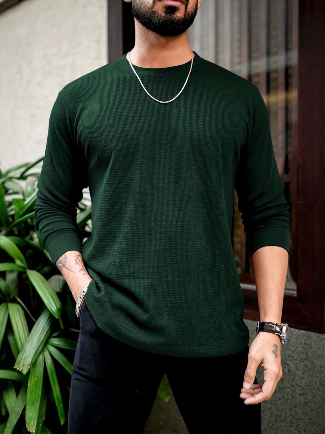 Mast & Harbour Round Neck Long Sleeves Cotton Regular Fit T-shirt - view 1