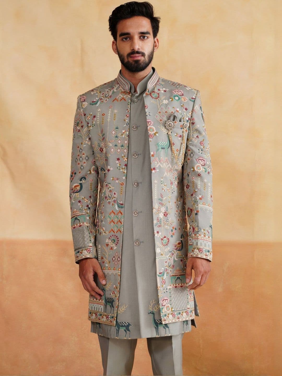 Denis Parkar Men Embroidered Mandarin Collar Pure Cotton Sherwani With Pant - view 1
