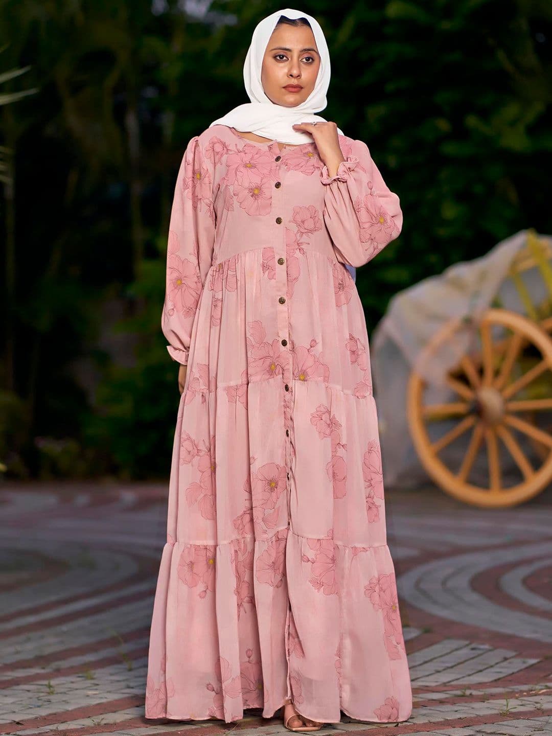 SARINKU Women Floral Printed Puff Sleeves Georgette Tiered Maxi Dress - view 1