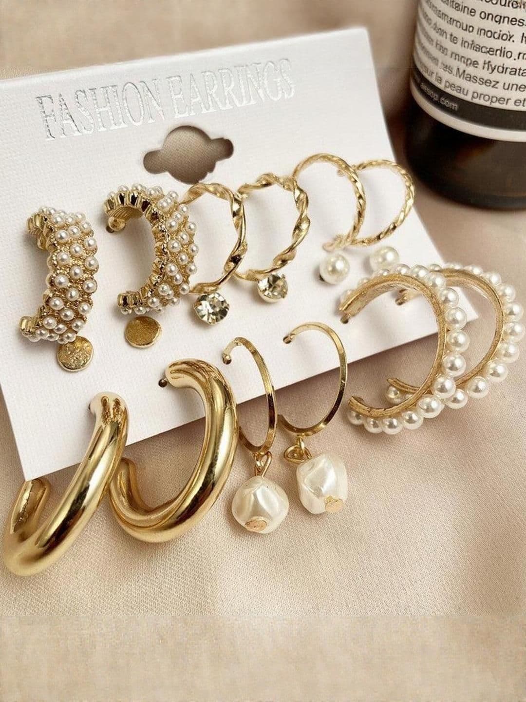 Zaphariq Set Of 9 Gold-Plated Pearls Studded Circular Hoop Earrings - view 1