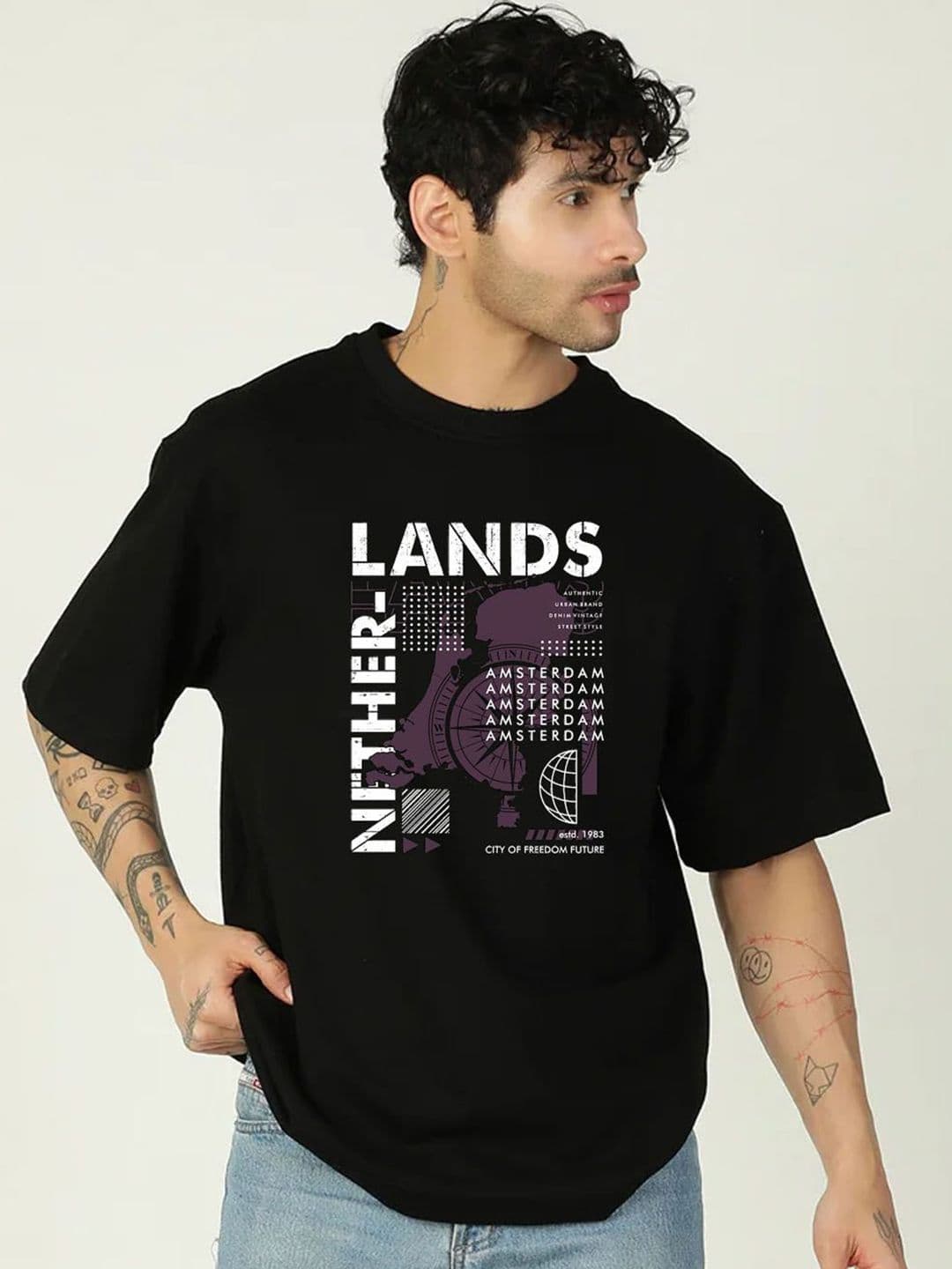 Moda Rapido Men Black Printed Drop-Shoulder Sleeves Pure Cotton oversized Tshirt - view 1